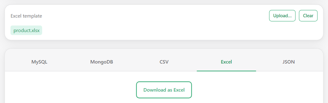 Excel controls with numbered destination, template upload, selected template and file download.