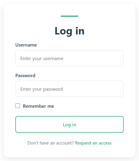 Login form with numbered callouts for Username, Password, Remember me, Log in and Request an access.
