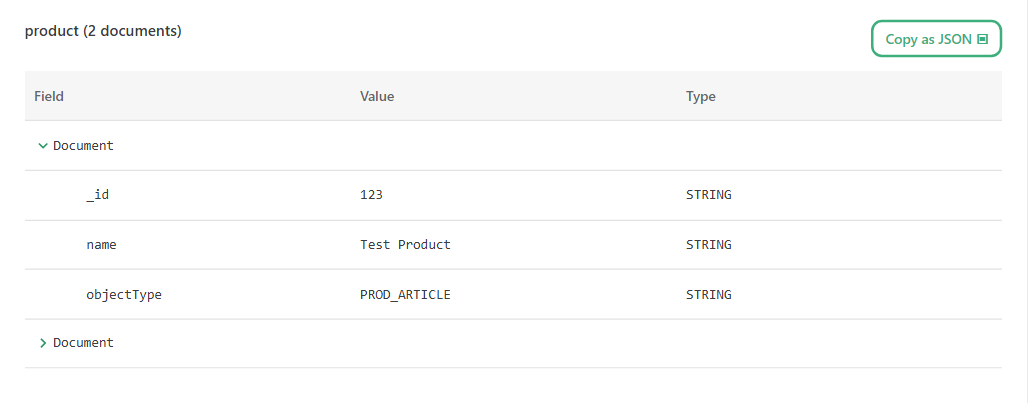 MongoDB result with numbered collection, copy, expand and document-field controls.