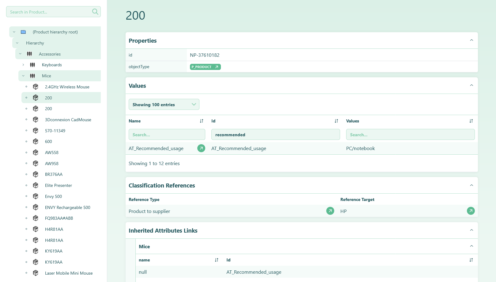 STEPdoc Primary Hierarchy node detail view showing product properties, values, classification references, and inherited attribute links from parent category Mice